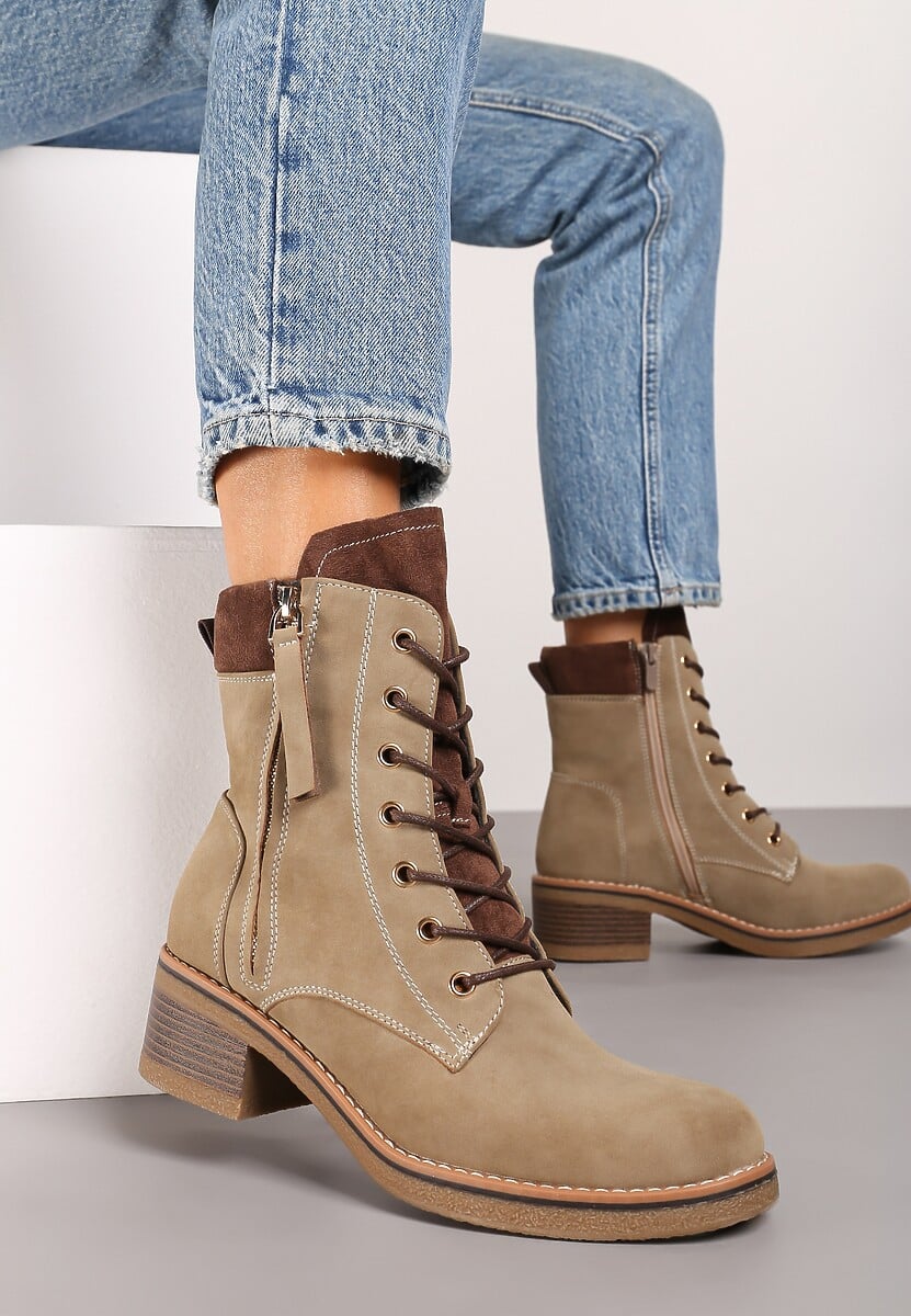 BOTTINES bi matière lacets femmes LENA KAKI