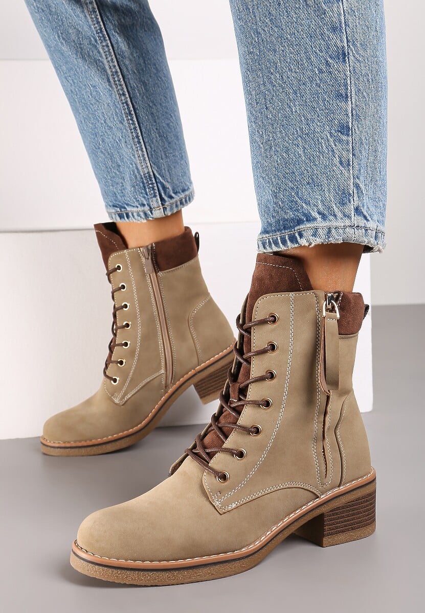 BOTTINES bi matière lacets femmes LENA KAKI