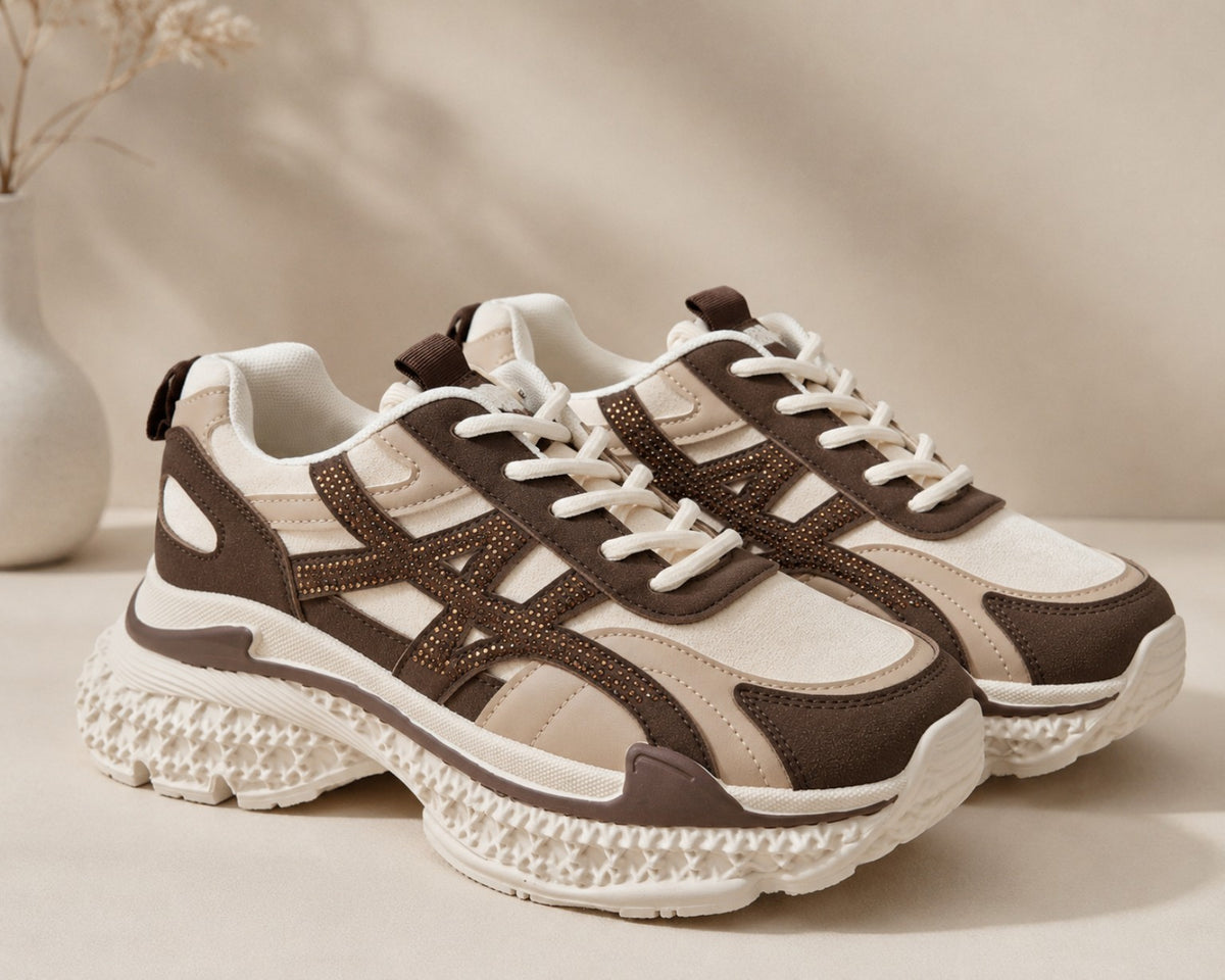 Baskets femme beige et marron à semelle chunky