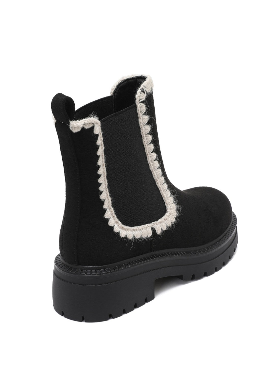 Bottines femme noires à bordures crochet écrues vue arrière trois quarts