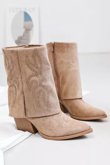 BOTTINES femmes retroussées strass ELISA TAUPE