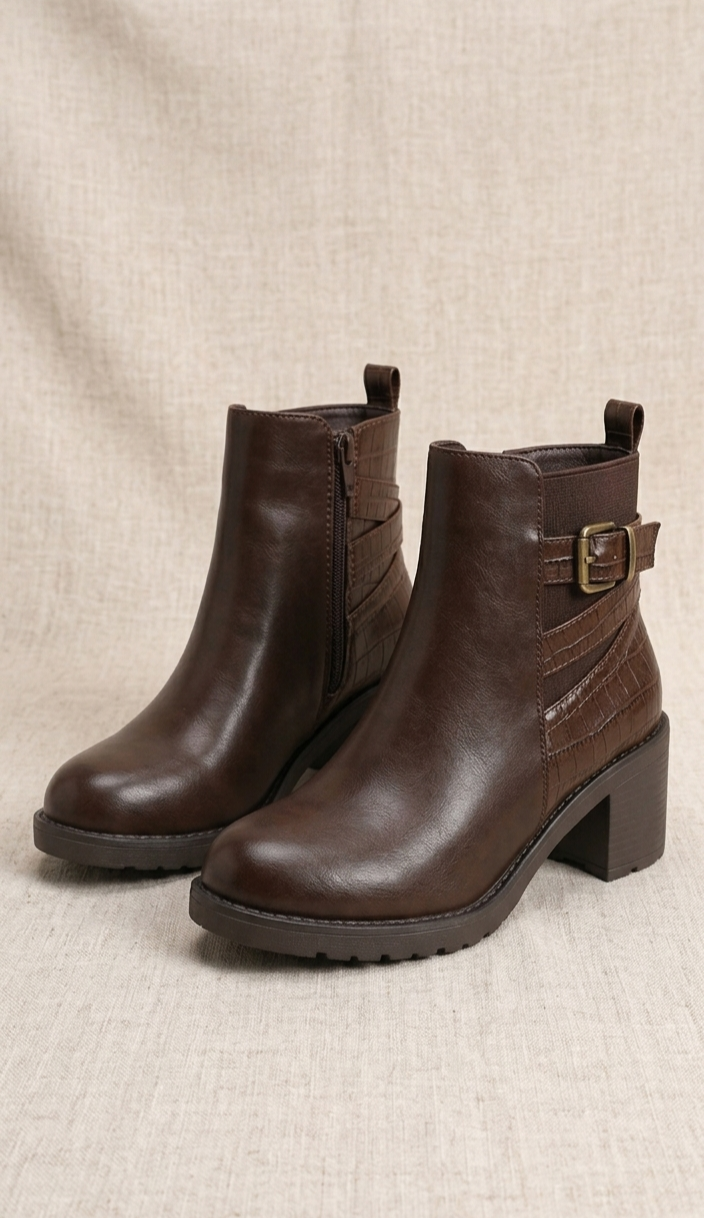 Bottines femme marron à imprimé serpent