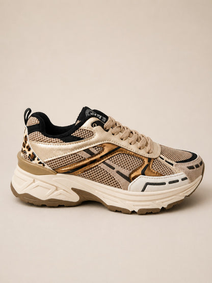 Baskets femme beige et doré avec détail léopard - vue profil