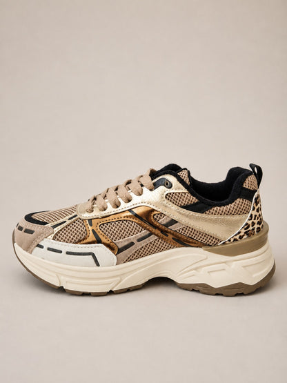Baskets femme beige et doré avec détail léopard - vue latérale