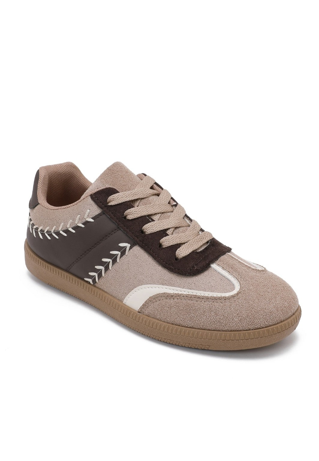 Baskets femme beige marron détails et surpiqûres blanches - BellaChaussures