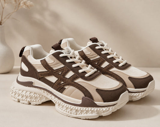 Baskets femme beige et marron à semelle chunky