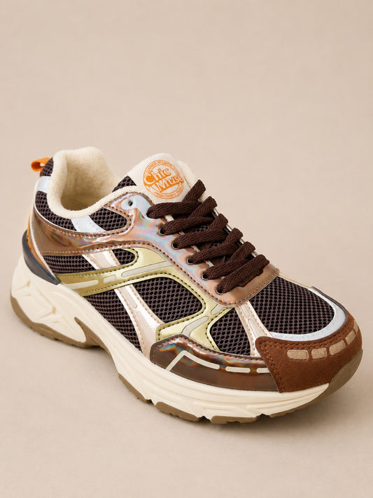 Baskets femme chunky marron beige doré multicolores - vue trois quarts