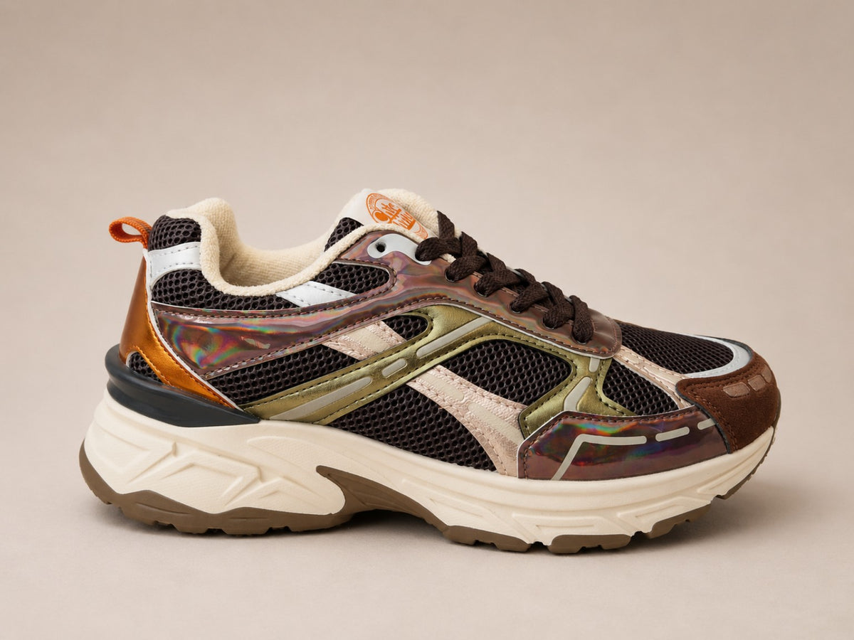 Baskets femme chunky marron beige doré multicolores - vue profil