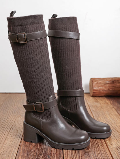 Bottes femme marron bi-matière à boucles et talon – BellaChaussures