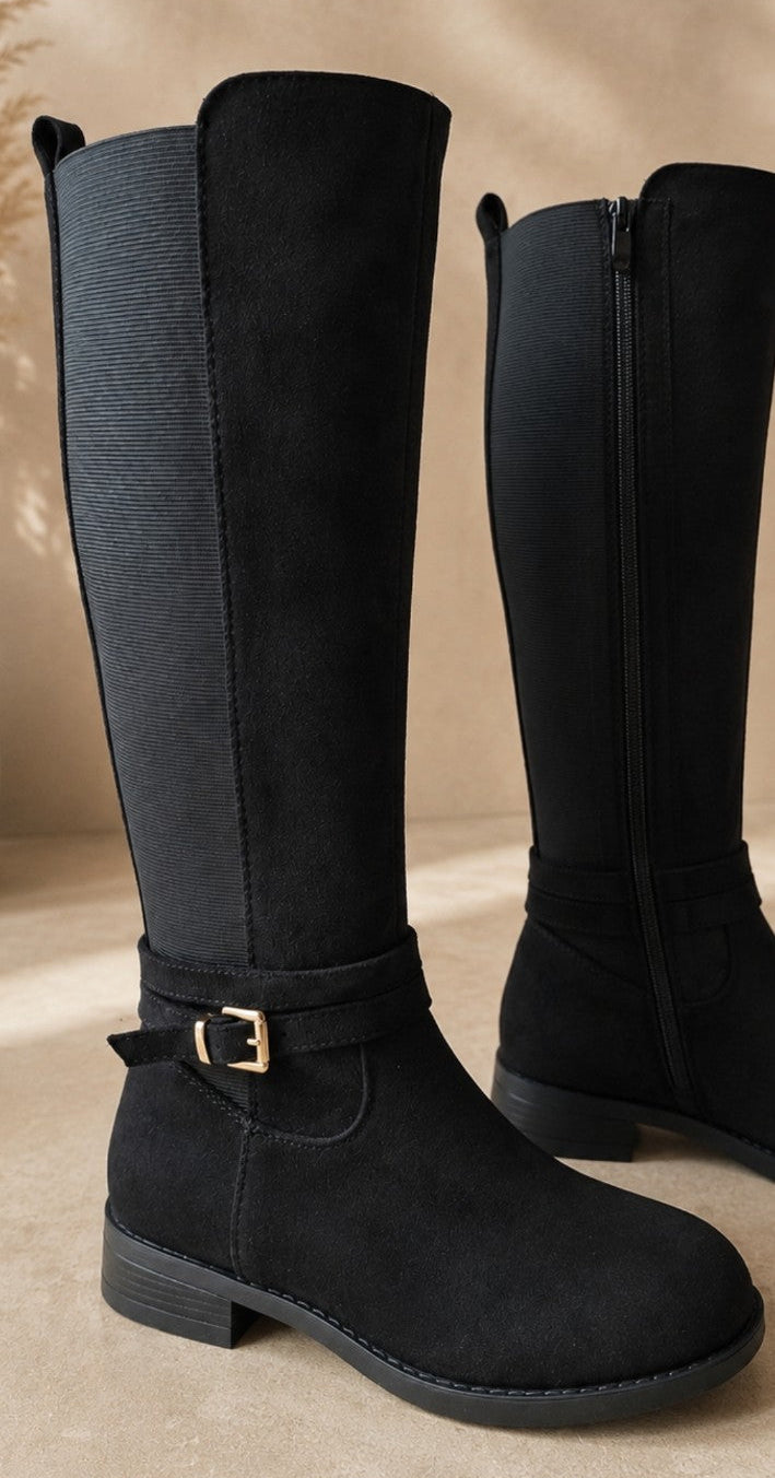Bottes femme noires à boucle dorée vue de face et profil
