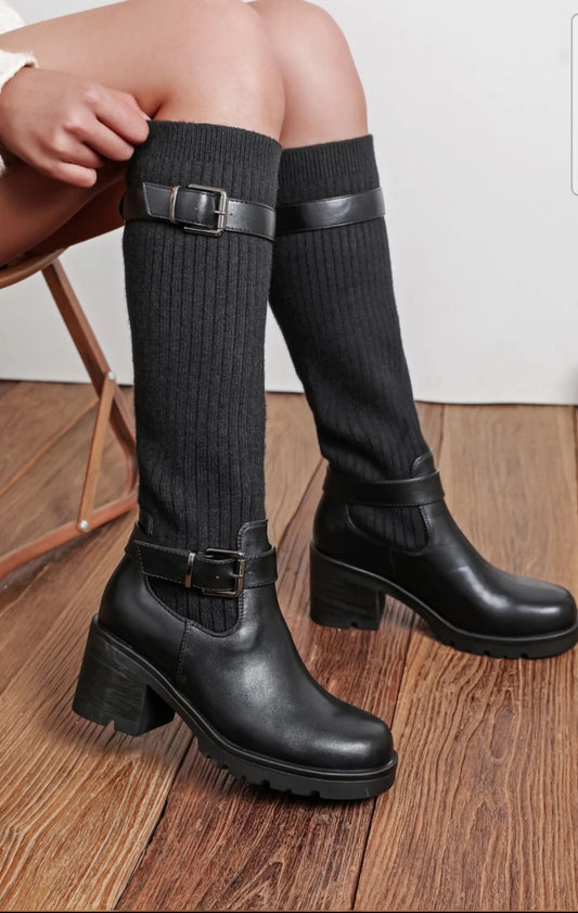 Bottes femme noires hautes en maille avec boucles et talon