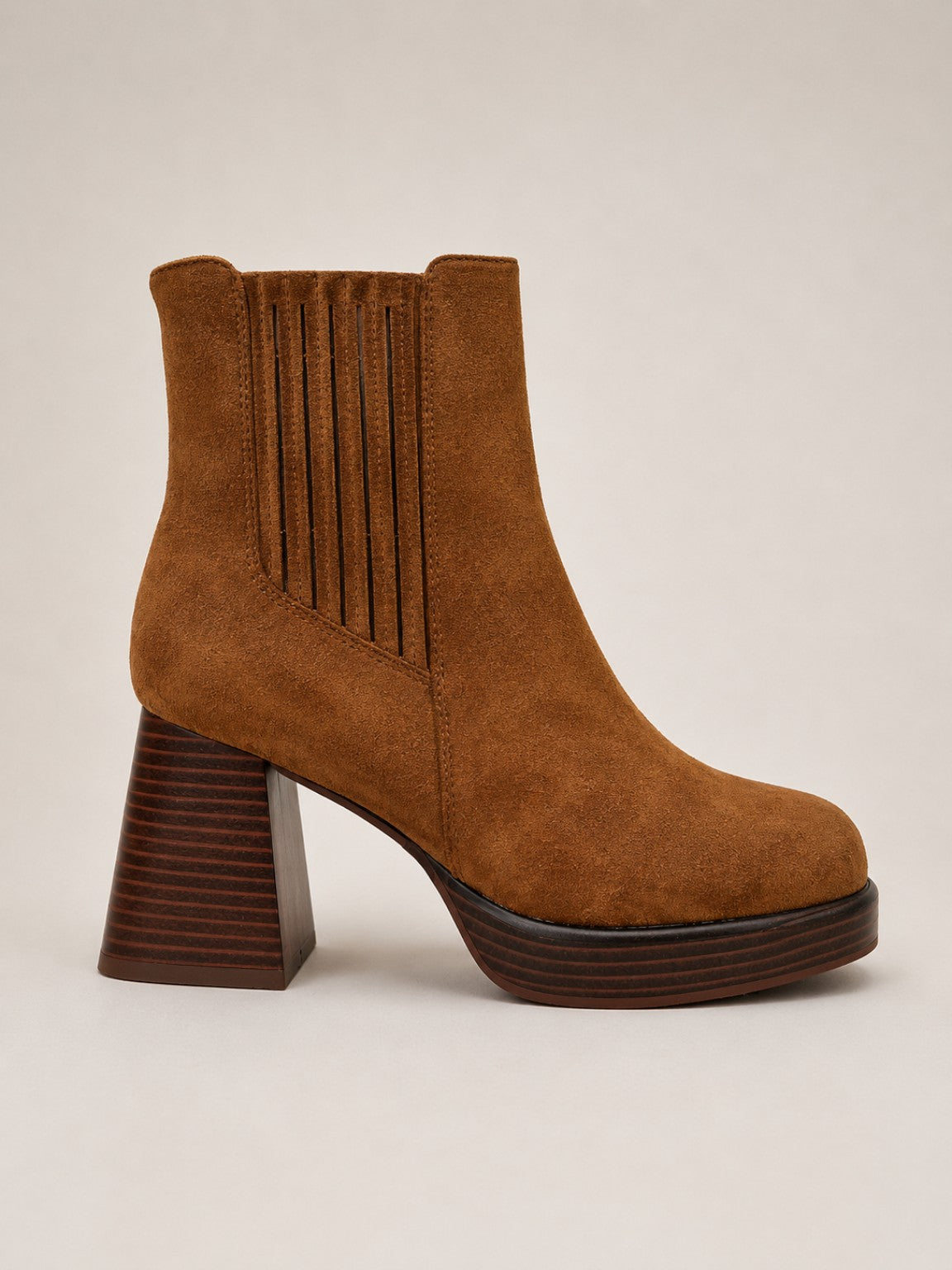 Bottines femme camel à talon et plateforme - vue profil