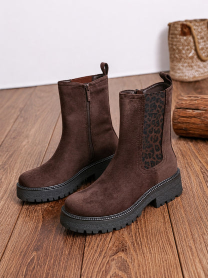 Bottines femme marron avec empiècement léopard et semelle crantée
