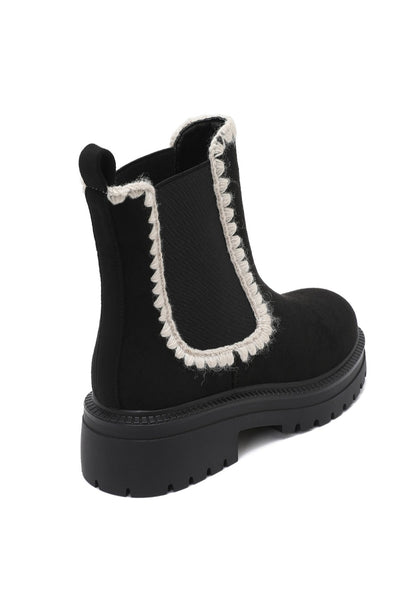Bottines femme noires à bordures crochet écrues vue arrière trois quarts