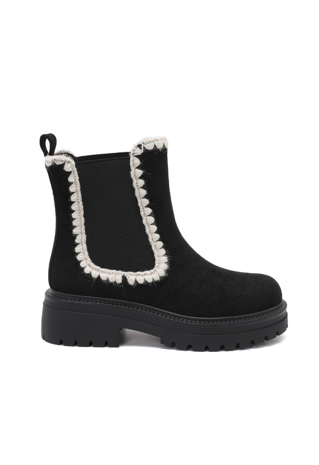Bottines femme noires à bordures crochet écrues vue de profil