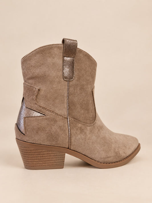 Bottines santiags femme beige taupe à talon - vue de profil