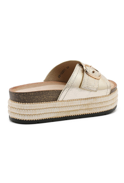 Mules plateformes dorées à brides croisée et boucle