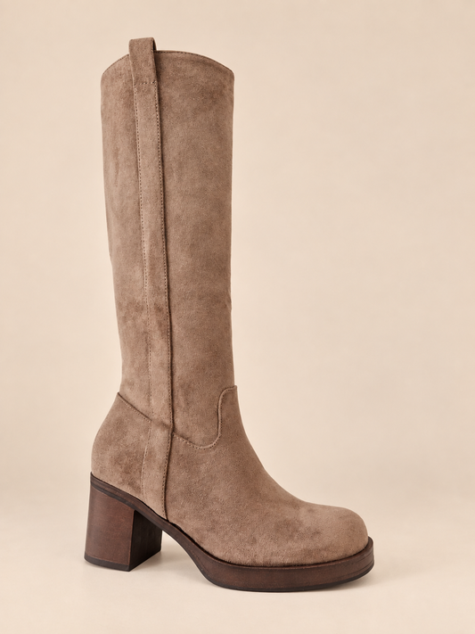 Bottes femme taupe effet suédine à talon carré