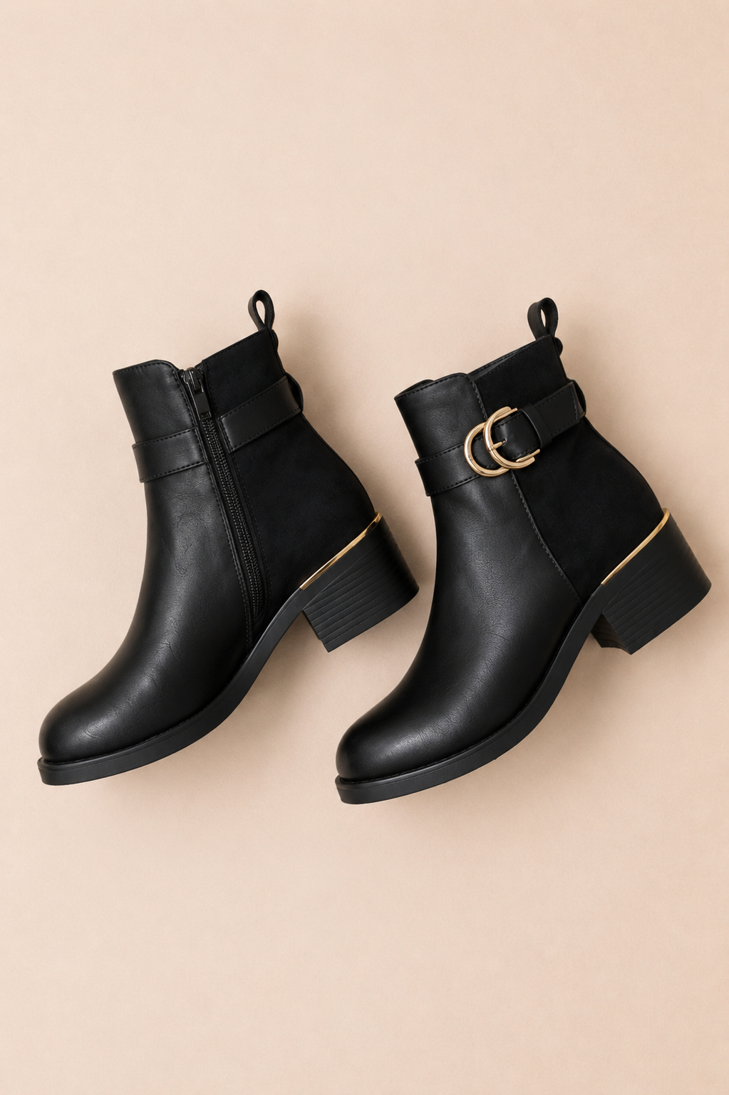 Bottines femme noires bi-matière à boucles dorées et talon carré Loanne