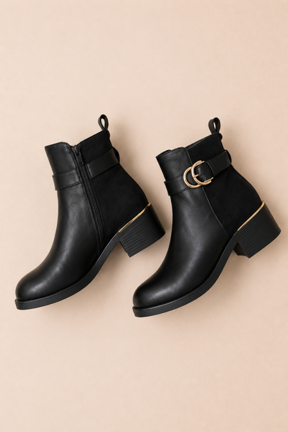 Bottines femme noires bi-matière à boucles dorées et talon carré Loanne