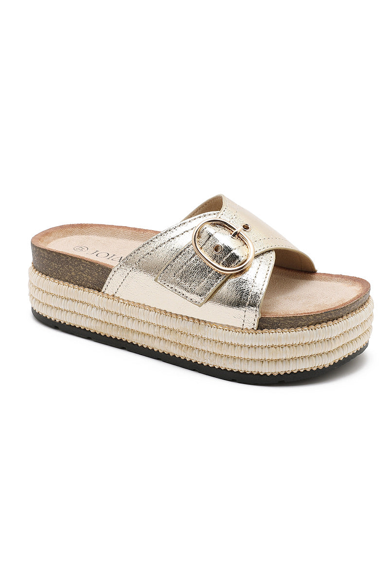 Mules plateformes dorées à brides croisée et boucle