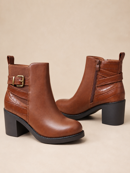Bottines femme camel bi-matière à talon et boucle