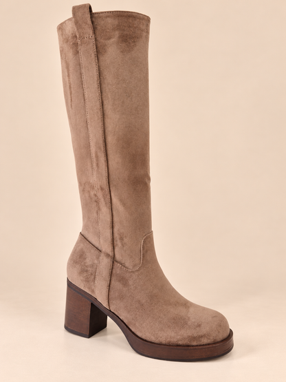 Bottes femme taupe effet suédine à talon carré