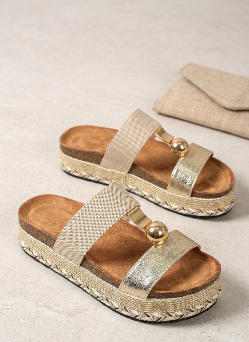 Sandales Plateformes "Éclat Bohème" – Beige & Doré