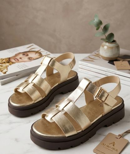 Sandales Chunky Dorées à Brides Croisées