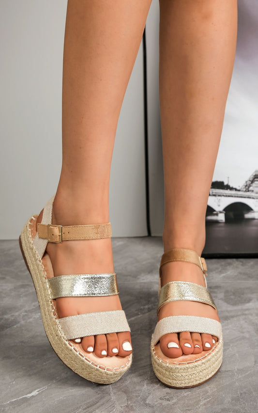 Sandales Plateformes Style Espadrilles Beige Dorée