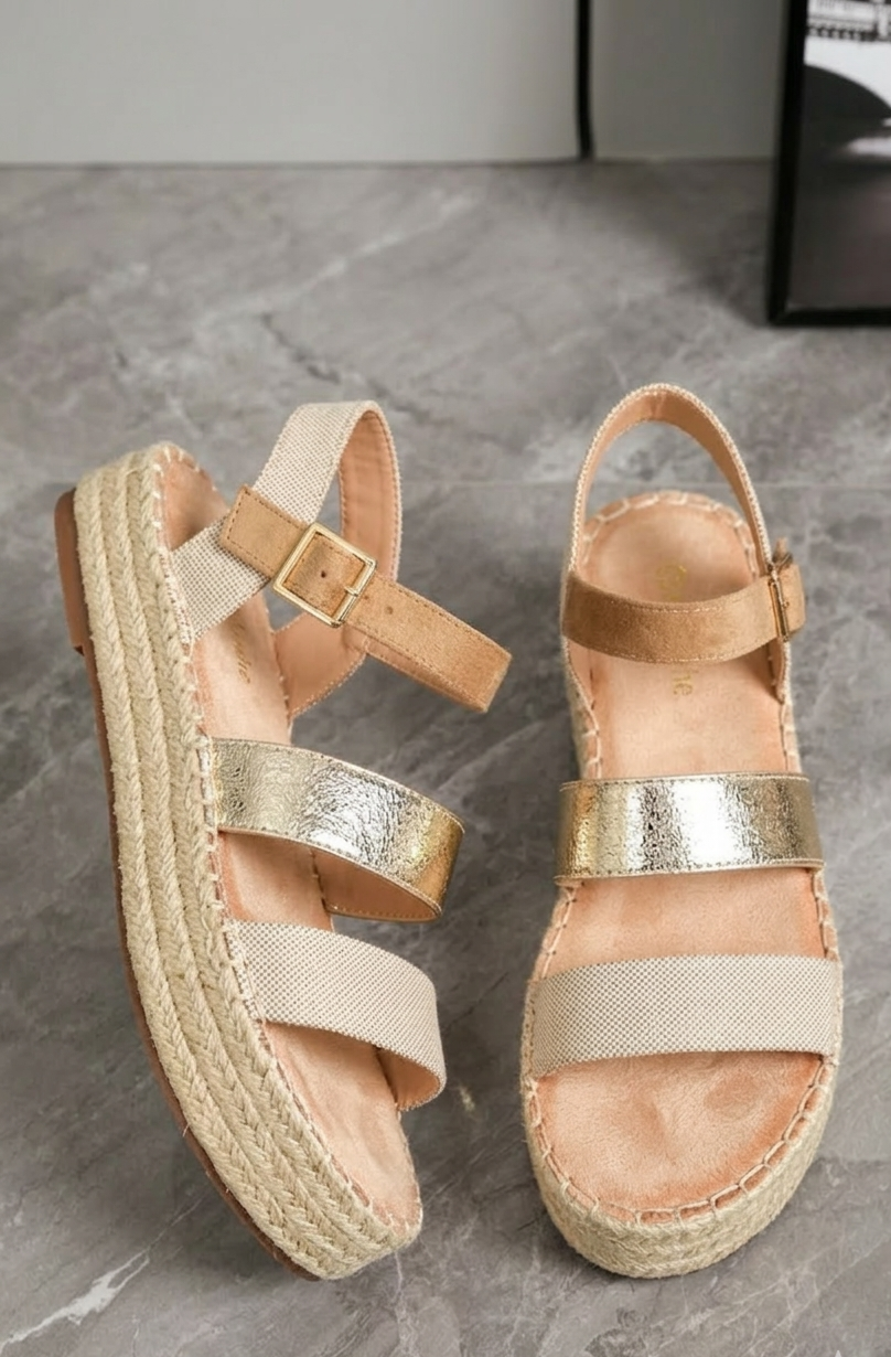 Sandales Plateformes Style Espadrilles Beige Dorée